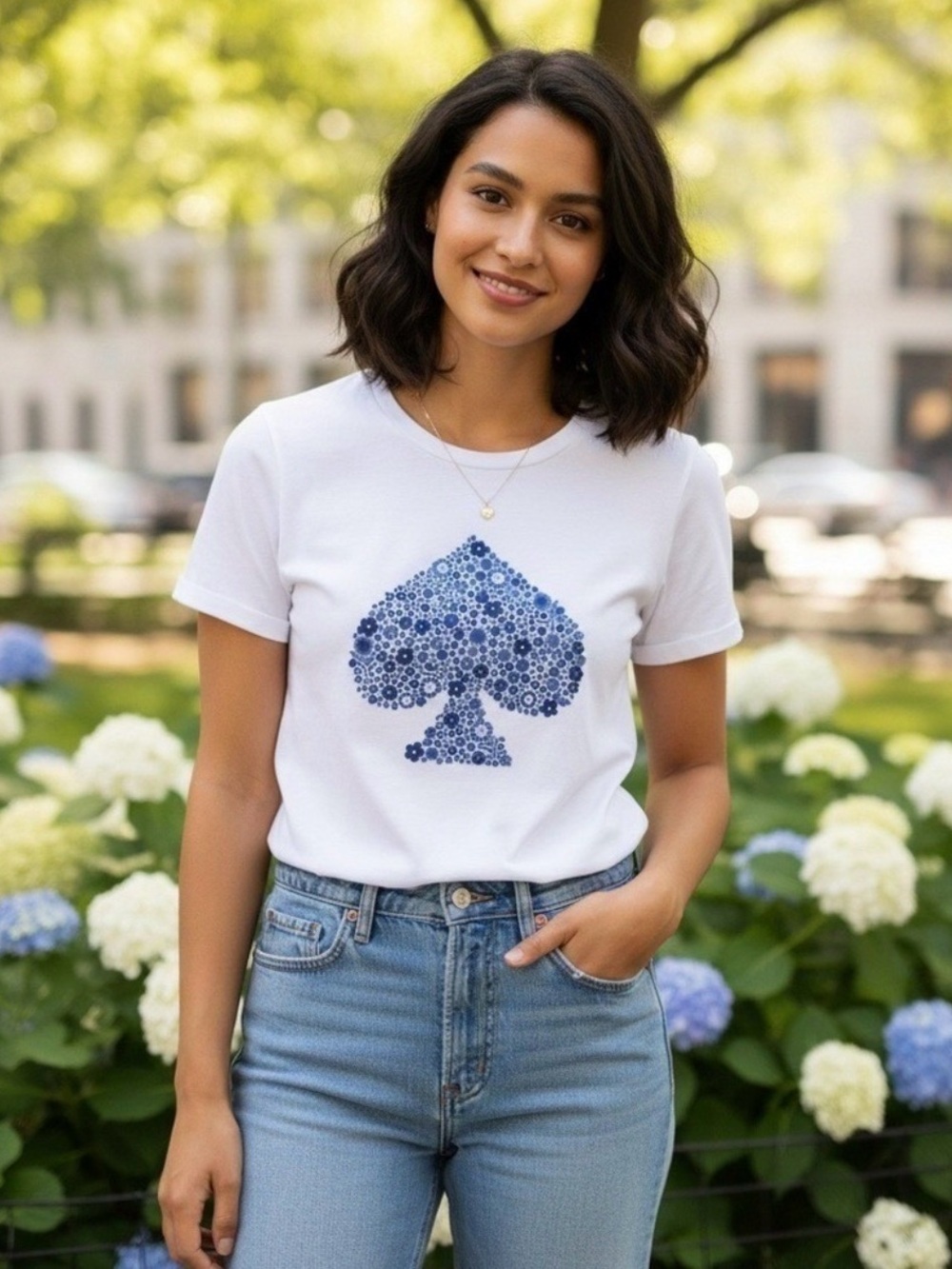 NWOT Women's Kate Spade White Tee with Blue Floral Spade Graphic